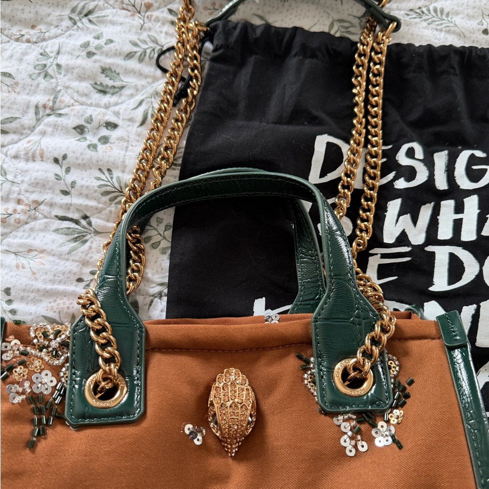 Kurt Geiger Embroidered Sequin Green Brown Tote Shoulder Crossbody Bag NWT - Picture 3 of 16